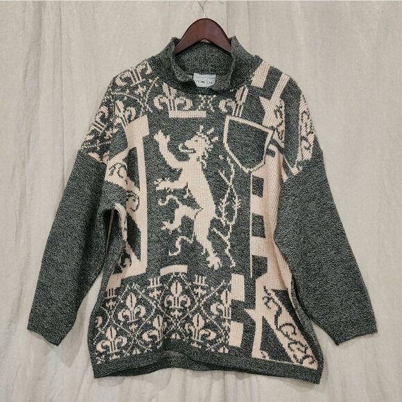 vtg 80s Venezia sweater oversize gray pink lion crest drop shoulder - Picture 1 of 8
